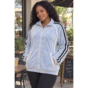 VTG Koman Modern Basics Women Large Blue Velour Track Jacket Full Zip Striped
